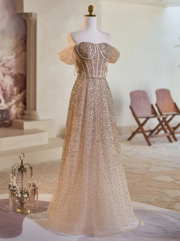 Bling Bling Champagne Beading Sequins Prom Dresses 2024 A-Line / Princess Off-The-Shoulder Short Sleeve Backless Floor-Length / Long Prom Formal Dresses