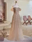 Bling Bling Champagne Beading Sequins Prom Dresses 2024 A-Line / Princess Off-The-Shoulder Short Sleeve Backless Floor-Length / Long Prom Formal Dresses