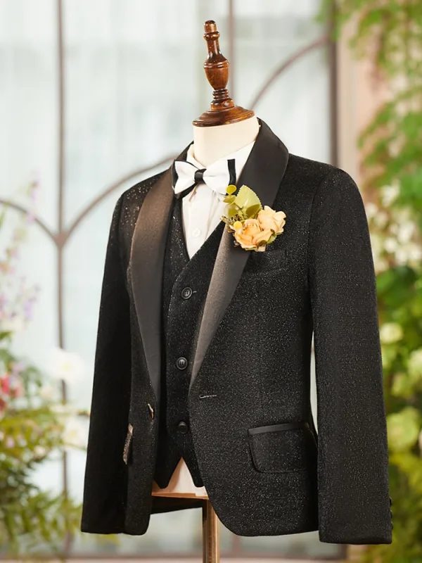 Fall Winter Black 6-piece Long Sleeve Boys Wedding Suits 2025 Body Jewellery Coat Pants Shirt Tie Vest
