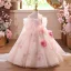 Chic / Beautiful Blushing Pink Appliques Birthday Flower Girl Dresses 2025 Ball Gown Off-The-Shoulder Short Sleeve Backless Floor-Length / Long