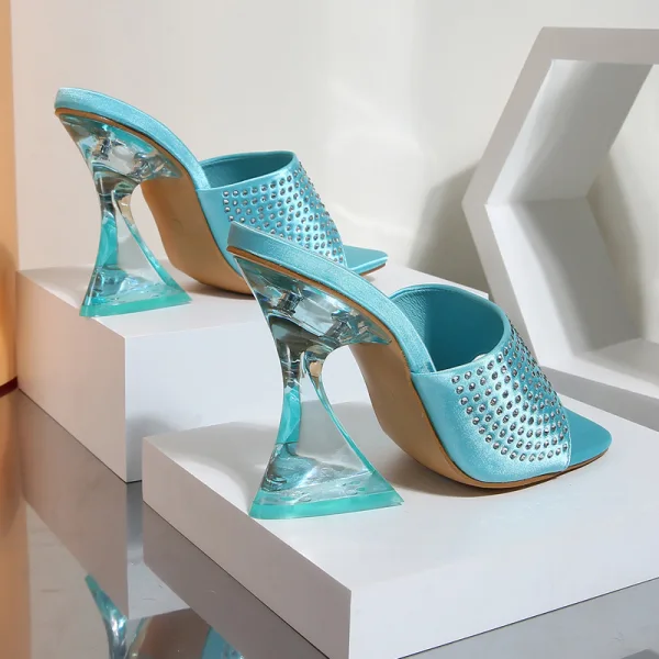 Summer Fashion Pool Blue Street Wear Rhinestone Womens Sandals 2022 9 cm Crystal Stiletto Heels Open / Peep Toe Sandals High Heels
