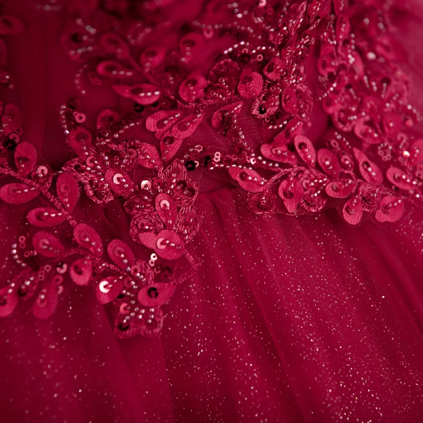 Elegant Burgundy Beading Sequins Lace Flower Prom Dresses 2022 Ball Gown Off-The-Shoulder Short Sleeve Backless Floor-Length / Long Prom Formal Dresses