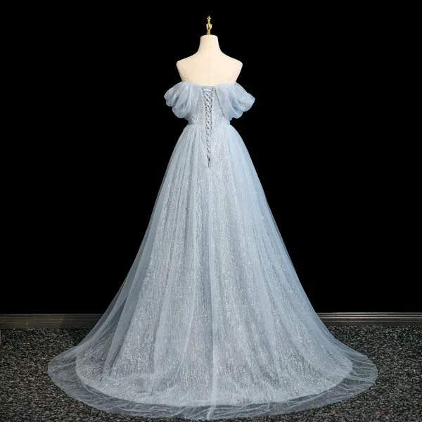 Chic / Beautiful Sky Blue Beading Pearl Appliques Prom Dresses 2025 Ball Gown Off-The-Shoulder Short Sleeve Backless Sweep Train Prom Formal Dresses