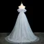 Chic / Beautiful Sky Blue Beading Pearl Appliques Prom Dresses 2025 Ball Gown Off-The-Shoulder Short Sleeve Backless Sweep Train Prom Formal Dresses
