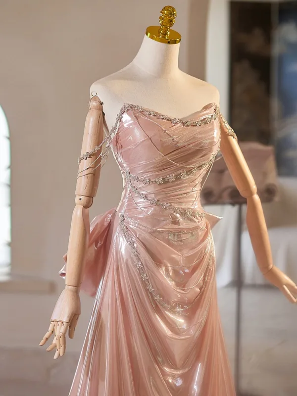 Mode Rougissant Rose Faux Diamant Noeud Robe De Bal 2024 Princesse Bustier Sans Manches Dos Nu Train De Balayage Promo Robe De Ceremonie