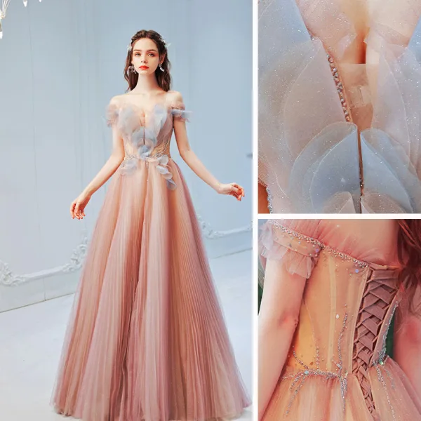 Elegant Blushing Pink Pearl Sequins Pleated Prom Dresses 2022 A-Line / Princess Off-The-Shoulder Short Sleeve Backless Floor-Length / Long Formal Dresses