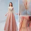 Elegant Blushing Pink Pearl Sequins Pleated Prom Dresses 2022 A-Line / Princess Off-The-Shoulder Short Sleeve Backless Floor-Length / Long Formal Dresses