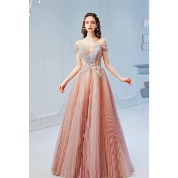 Elegant Blushing Pink Pearl Sequins Pleated Prom Dresses 2022 A-Line / Princess Off-The-Shoulder Short Sleeve Backless Floor-Length / Long Formal Dresses