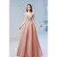Elegant Blushing Pink Pearl Sequins Pleated Prom Dresses 2022 A-Line / Princess Off-The-Shoulder Short Sleeve Backless Floor-Length / Long Formal Dresses