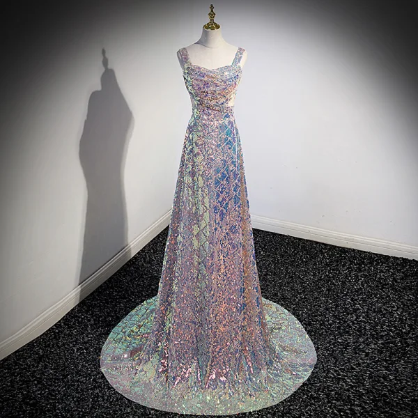 Glitzernden Laser Pailletten Ballkleider 2023 A Linie Eckiger Ausschnitt Ärmellos Rückenfreies Sweep / Pinsel Zug Ball Festliche Kleider