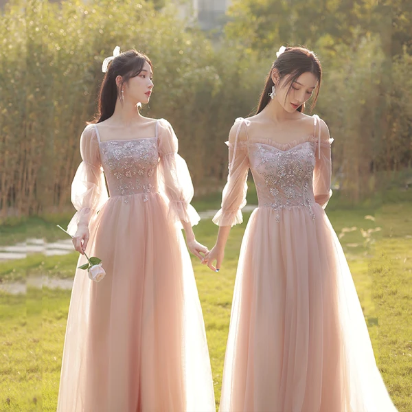 Chic / Beautiful Blushing Pink Beading Bridesmaid Dresses 2022 A-Line / Princess Short Sleeve Backless Floor-Length / Long Bridesmaid Dresses