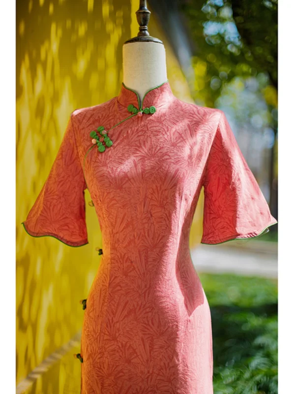 Chinese style Watermelon Tea-length Prom Cheongsam 2024 Trumpet / Mermaid High Neck Bell sleeves