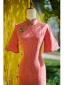 Chinese style Watermelon Tea-length Prom Cheongsam 2024 Trumpet / Mermaid High Neck Bell sleeves