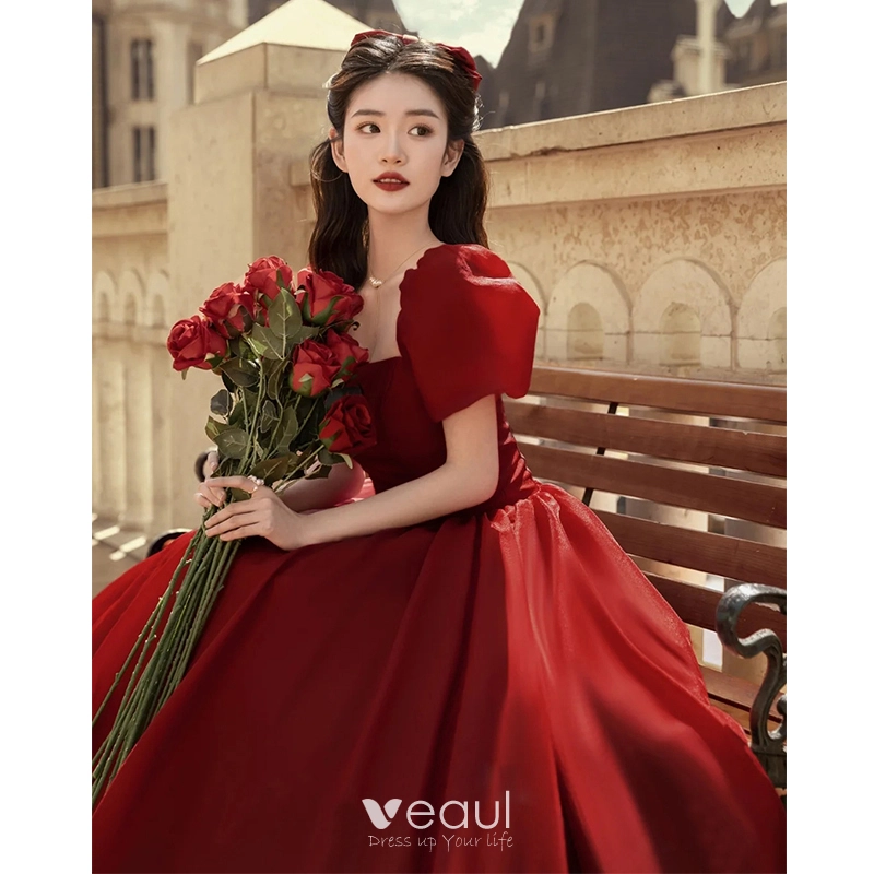 Charming Burgundy Engagement Prom Dresses 2023 A-Line / Princess Square Neckline Puffy Short Sleeve Floor-Length / Long Formal Dresses Charming Burgundy Engagement Prom Dresses 2023 A-Line / Princess Square Neckline Puffy Short Sleeve Floor-Length / Long Formal Dresses