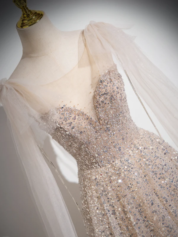 Charming Champagne Beading Sequins Prom Dresses 2024 A-Line / Princess Scoop Neck Short Sleeve Backless Floor-Length / Long Prom Formal Dresses