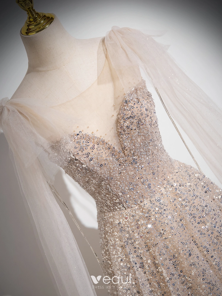 Beading Long Sleeve Backless Sparkle Champagne Sequin Wedding Dress