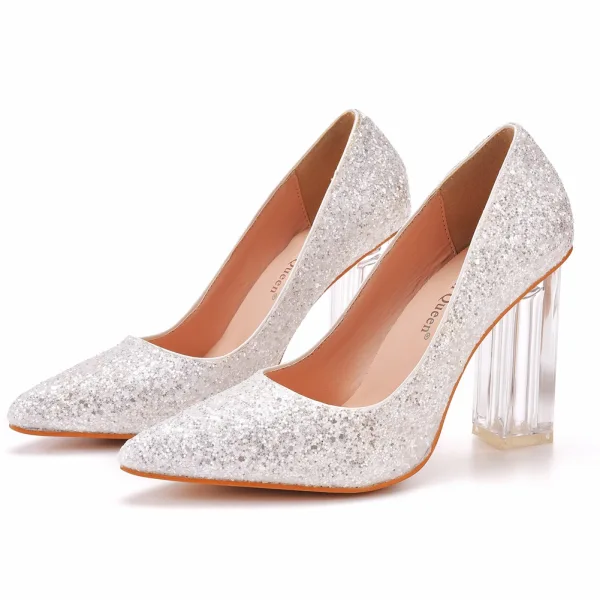Charmant Argenté Paillettes Cristal Chaussure De Mariée 2022 9 cm Talons Épais À Bout Pointu Mariage Escarpins Talons Hauts