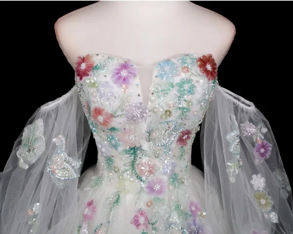 Schöne Weiß Perlenstickerei Applikationen Pailletten Ballkleider 2025 Ballkleid Off Shoulder Kurze Ärmel Rückenfreies Lange Festliche Kleider