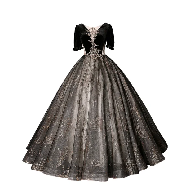 Elegant Black Suede Prom Dresses 2022 Ball Gown Scoop Neck Bell sleeves Backless Beading Sequins Floor-Length / Long Formal Dresses