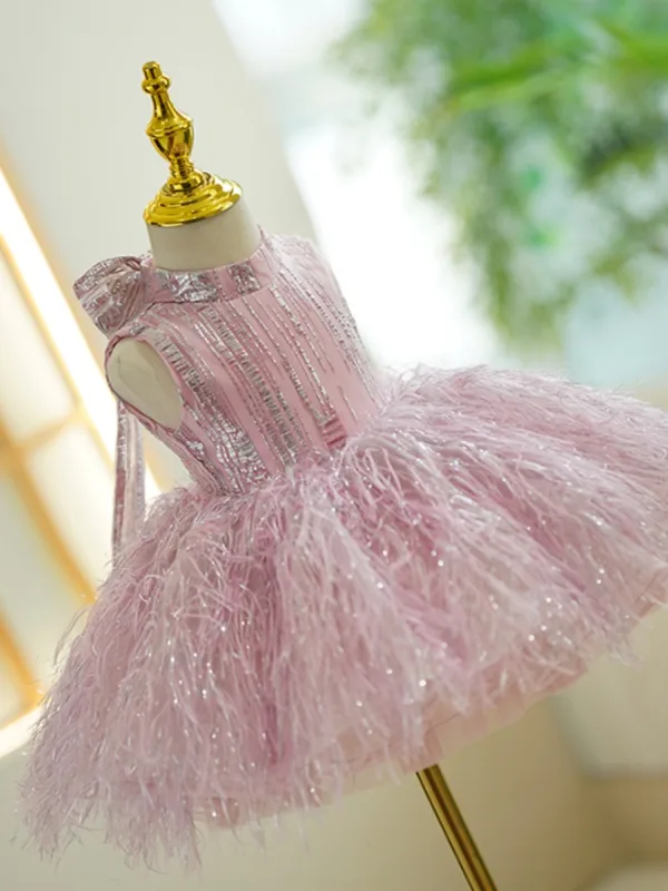 Chic / Beautiful Blushing Pink Tassel Sequins Birthday Flower Girl Dresses 2023 Ball Gown Scoop Neck Sleeveless Bow Short