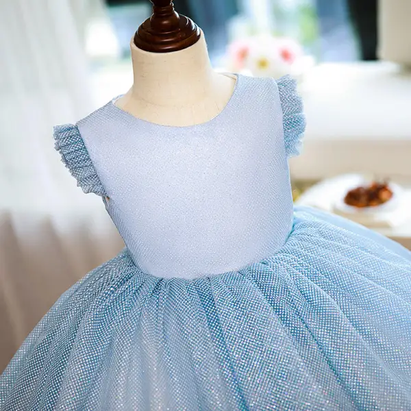 Modest / Simple Sky Blue Glitter Spotted Birthday Flower Girl Dresses 2022 Ball Gown Scoop Neck Short Sleeve Bow Short Flower Girl Dresses