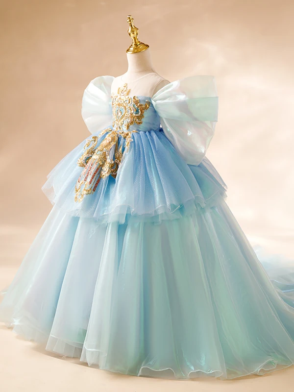 Fashion Sky Blue Sequins Lace Flower Cascading Ruffles Birthday Flower Girl Dresses 2024 Ball Gown Off-The-Shoulder Puffy Short Sleeve Backless Floor-Length / Long