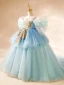 Fashion Sky Blue Sequins Lace Flower Cascading Ruffles Birthday Flower Girl Dresses 2024 Ball Gown Off-The-Shoulder Puffy Short Sleeve Backless Floor-Length / Long