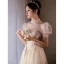 Élégant Champagne Perlage Paillettes En Dentelle Fleur Robe De Bal 2022 Princesse Col Haut Gonflée Manches Courtes Dos Nu Longue Robe De Ceremonie