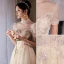 Élégant Champagne Perlage Paillettes En Dentelle Fleur Robe De Bal 2022 Princesse Col Haut Gonflée Manches Courtes Dos Nu Longue Robe De Ceremonie