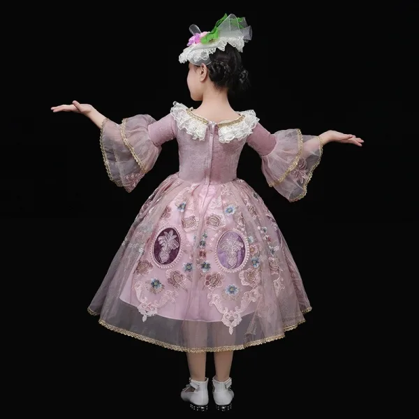 Vintage / Retro Medieval Blushing Pink Flower Girl Dresses 2024 3D Lace Printing Floral 1/2 Sleeves Scoop Neck Tea-length Cosplay Wedding Prom Ball Gown Wedding Party Dresses