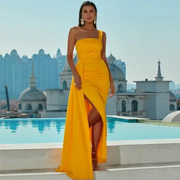 Mode Jaune Vacances Fendue Devant Robe De Soirée 2022 Trompette Sirène Une Épaule Sans Manches Dos Nu Longue Robe De Ceremonie
