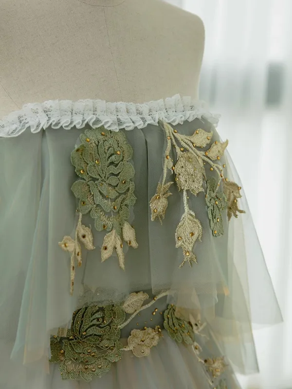 Elegant Sage Green Rhinestone Lace Flower Prom Dresses 2023 A-Line / Princess Off-The-Shoulder Sleeveless Backless Floor-Length / Long Prom Formal Dresses
