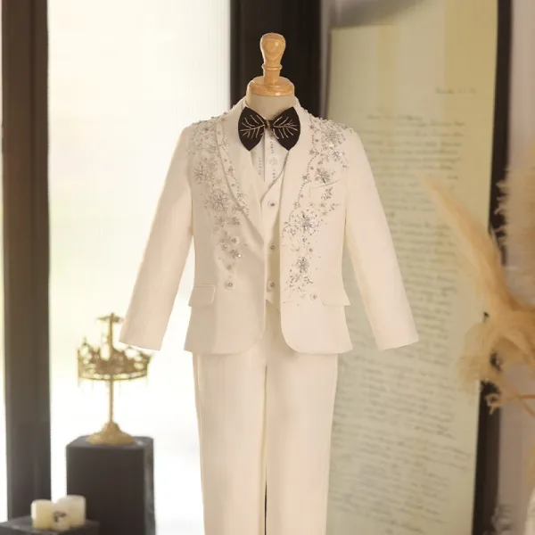 Blanche Faux Diamant Manches Longues 5 pièces Costume Garçon Mariage Mariage 2025 Manteau Pantalon Chemise Cravate Gilet