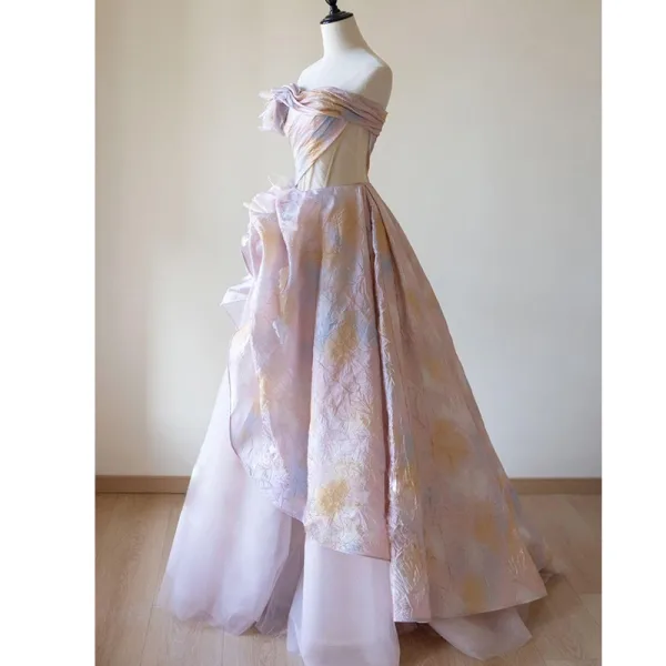 Chic / Beautiful Blushing Pink Printing Prom Dresses 2025 Ball Gown Strapless Sleeveless Backless Floor-Length / Long Formal Dresses