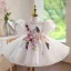 Chic / Beautiful White Beading Lace Flower Appliques Birthday Short Flower Girl Dresses 2026 Ball Gown Scoop Neck Puffy Short Sleeve