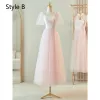 Modest / Simple Blushing Pink Sequins Bridesmaid Dresses 2024 A-Line / Princess Short Sleeve Backless Floor-Length / Long
