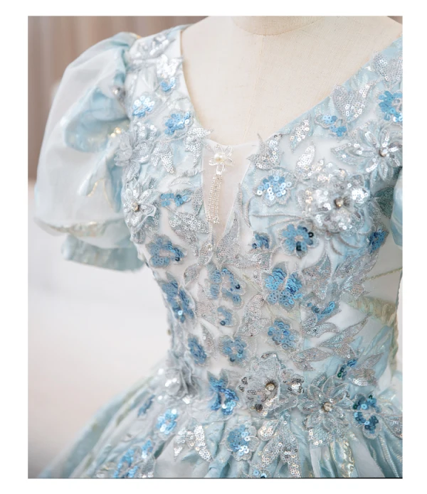 Elegant Sky Blue Printing Sequins Prom Dresses 2024 Ball Gown V-Neck Short Sleeve Backless Floor-Length / Long Prom Formal Dresses