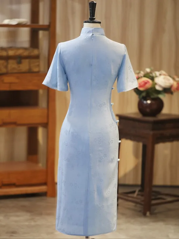 Chinese style Sky Blue Printing Split Front Silk Cheongsam / Qipao 2026 Trumpet / Mermaid High Neck Short Sleeve Tea-length