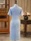 Chinese style Sky Blue Printing Split Front Silk Cheongsam / Qipao 2026 Trumpet / Mermaid High Neck Short Sleeve Tea-length