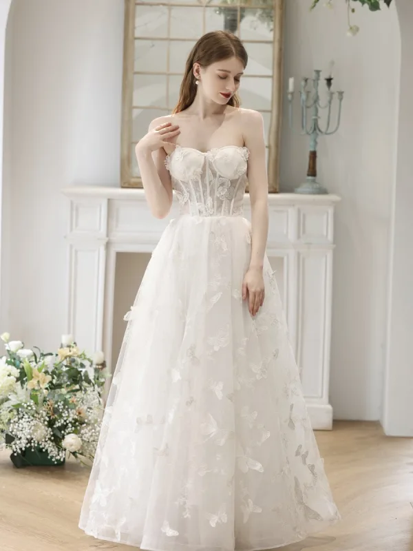 Elegant White Pearl Lace Butterfly Prom Dresses 2023 A-Line / Princess Spaghetti Straps Sleeveless Backless Floor-Length / Long Formal Dresses