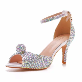 Sexy Multi Couleurs Faux Diamant Soirée Sandales Femme 2023 Bride Cheville 7 Cm Talons Aiguilles Peep Toes Bout Ouvert Sandales Talons Hauts