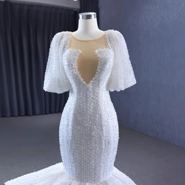 Luxury / Gorgeous White Handmade Beading Pearl Cascading Ruffles Wedding Dresses 2023 Trumpet / Mermaid Scoop Neck Short Sleeve Floor-Length / Long Wedding