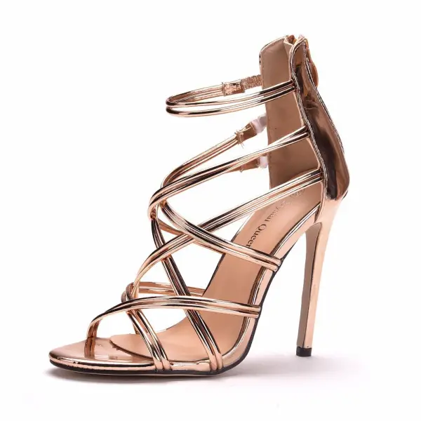 Sexy Champagne Evening Party Ankle Strap Womens Sandals 2023 11 cm Stiletto Heels Open / Peep Toe Sandals High Heels