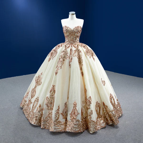 High End Glitzernden Champagner Pailletten Brautkleider / Hochzeitskleider 2022 Ballkleid Bandeau Kurze Ärmel Rückenfreies Lange Hochzeit