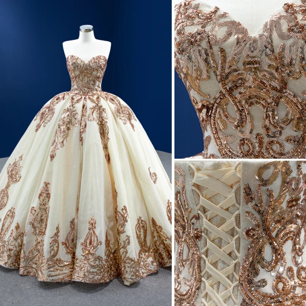 High End Glitzernden Champagner Pailletten Brautkleider / Hochzeitskleider 2022 Ballkleid Bandeau Kurze Ärmel Rückenfreies Lange Hochzeit