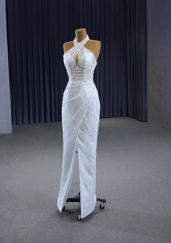 Luxury / Gorgeous White Handmade  Beading Pearl Sequins Wedding Dresses 2023 Ball Gown Halter Sleeveless Backless Floor-Length / Long Wedding