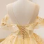 Chic / Beautiful Yellow Lace Pearl Sequins Prom Dresses 2022 Ball Gown Scoop Neck Short Sleeve Backless Floor-Length / Long Prom Formal Dresses