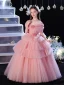 Lovely Blushing Pink Cascading Ruffles Appliques Birthday Flower Girl Dresses 2024 Ball Gown Scoop Neck Short Sleeve Floor-Length / Long