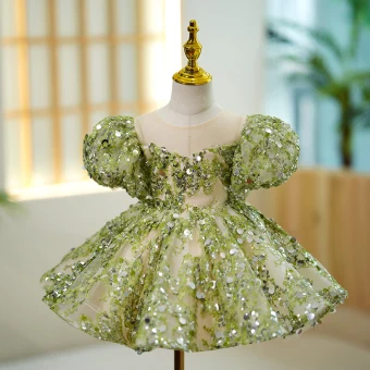 Charming Sage Green Beading Sequins Birthday Short Flower Girl Dresses 2023 Ball Gown Scoop Neck Puffy Short Sleeve