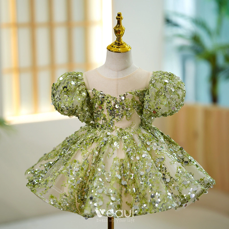 Charming Sage Green Beading Sequins Birthday Short Flower Girl Dresses 2023 Ball Gown Scoop Neck Puffy Short Sleeve Charming Sage Green Beading Sequins Birthday Short Flower Girl Dresses 2023 Ball Gown Scoop Neck Puffy Short Sleeve